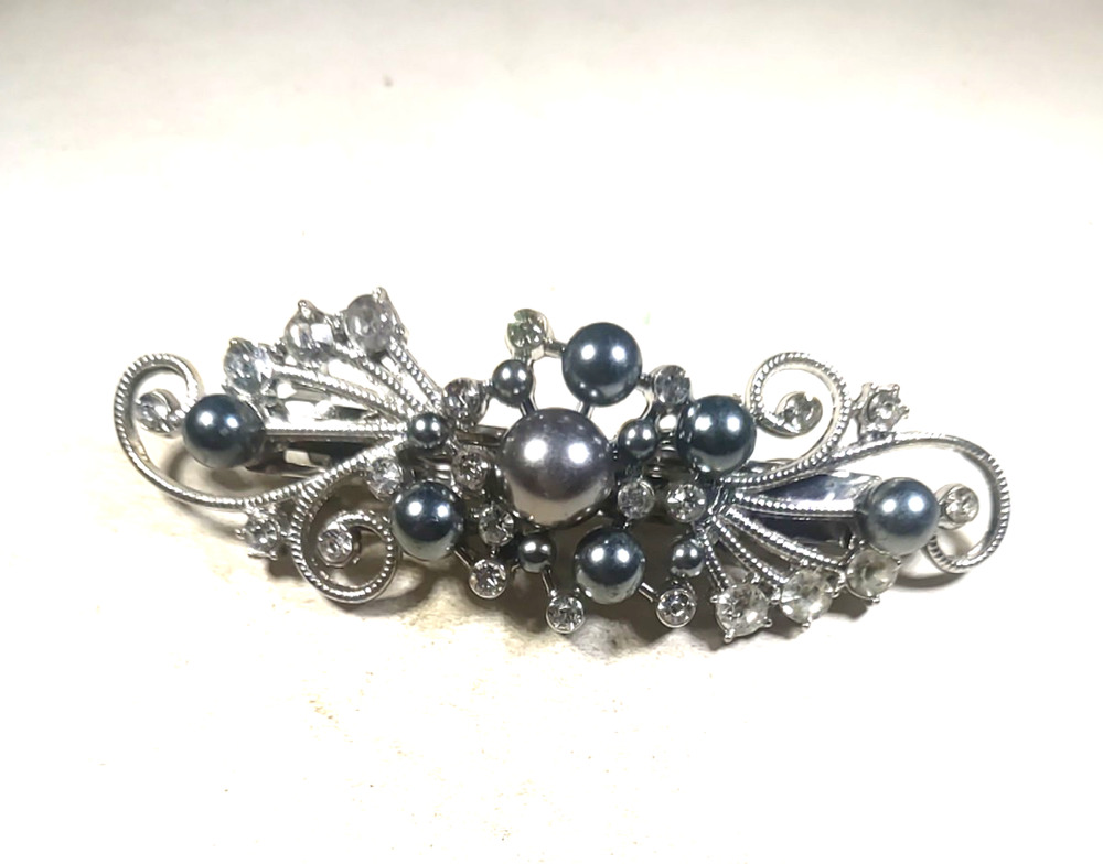 Moon And Stars Black Faux Pearls Rhinestone Silver Tone Hair Barrette Tension